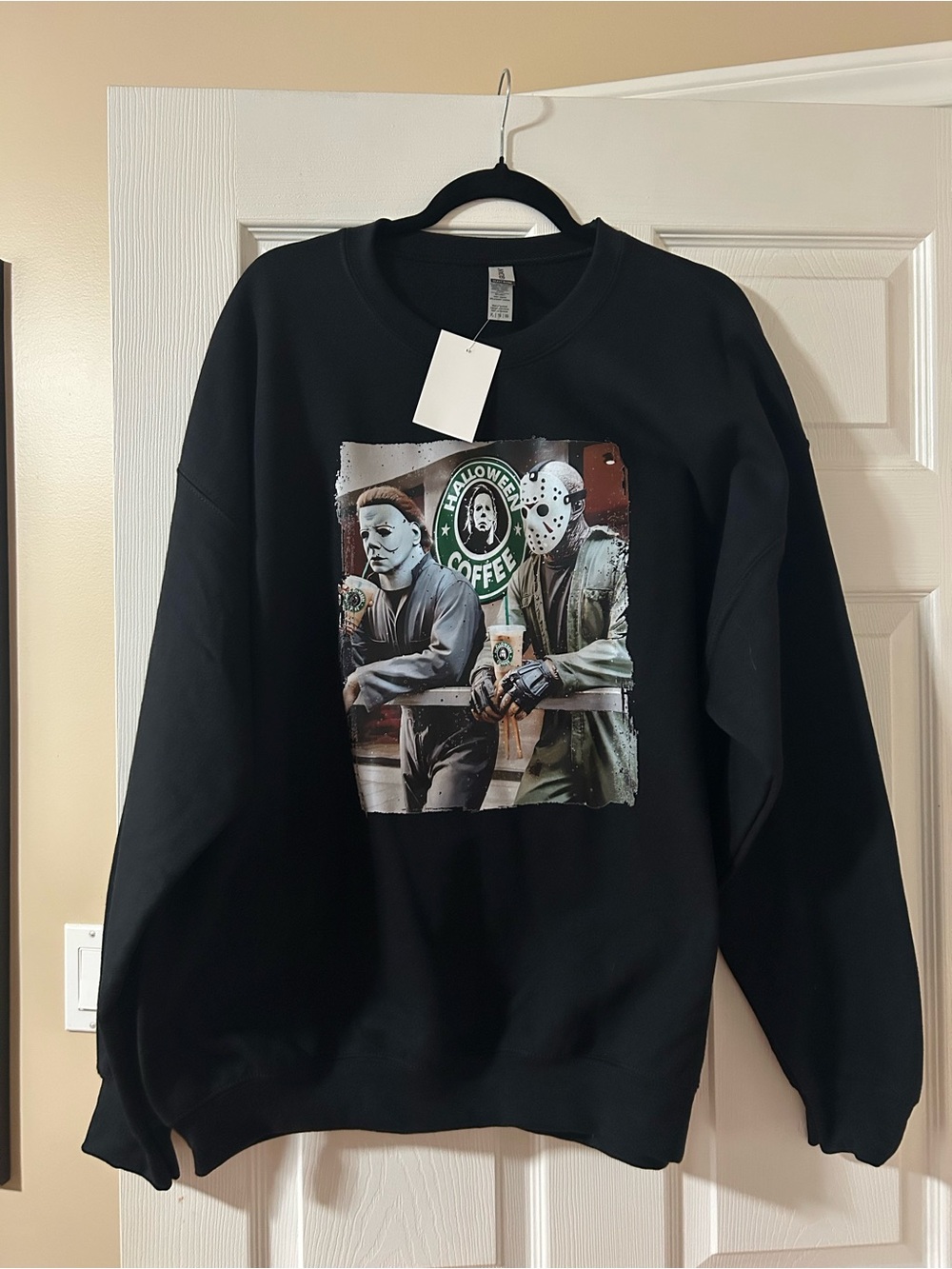 Gildan Black Crewneck Sweatshirt with Halloween Coffee Graphic
